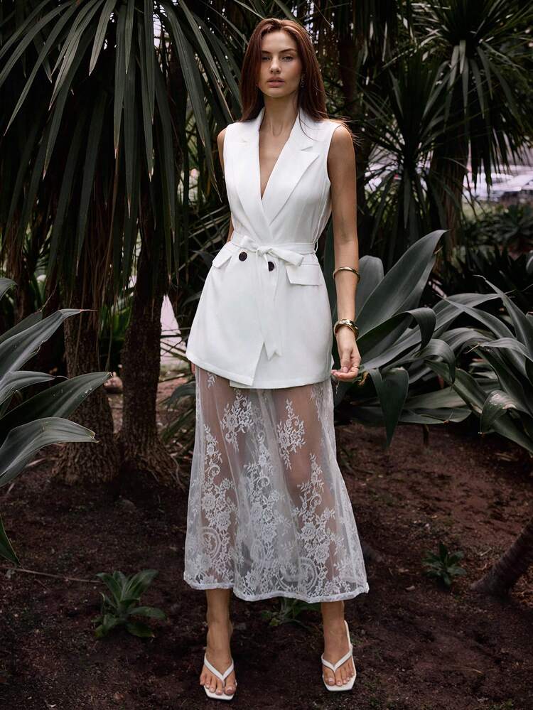 SHEIN Maija Women's Solid Color Distressed Collar Double-Breasted Vest And Lace Midi Skirt Elegant 2-Piece Set, Going Out Outfits, Formal Suit , Formal Attire For Women,With Lace Skirt, White Suit, With Belt, White Two Piece Skirt Set White Mesh Dress White Elegant Dress Women S White Outfit