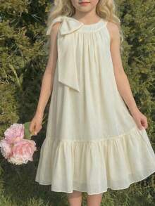 SHEIN Tween Girl Elegant Solid Apricot Organza Bow Decor Halter Neck Ruffle Hem A-Line Dress Elegant Solid Color Dress Cream Dress For Girls Ivory Dress For Girls Girls Bow Dress Girls Ruffle Trim Dress Picnic Dress Aesthetic Dresses For Summer Girls Ruffle Dress Girls Cream Girls Dress Ivory Dress Girls Beige Dresses For Girls Cream Dresses For Kids Ivory Or Champagne Dress For Tween Long Beige Dress Kids Girls Elegant Dress Soft Yellow Elegant Off-White Dress For Tweens - Apricot - View 3