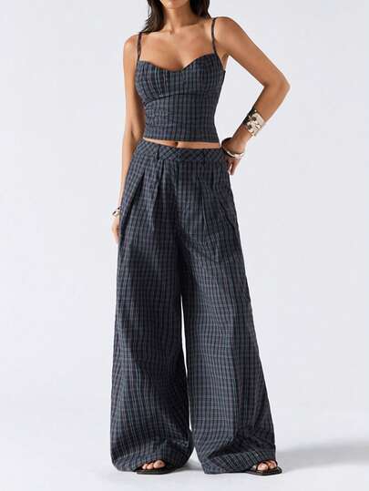 LYSMO طقم بلوزة كروب مربعة وبنطال واسع القدمين كاجوال مكون من قطعتين للنساء