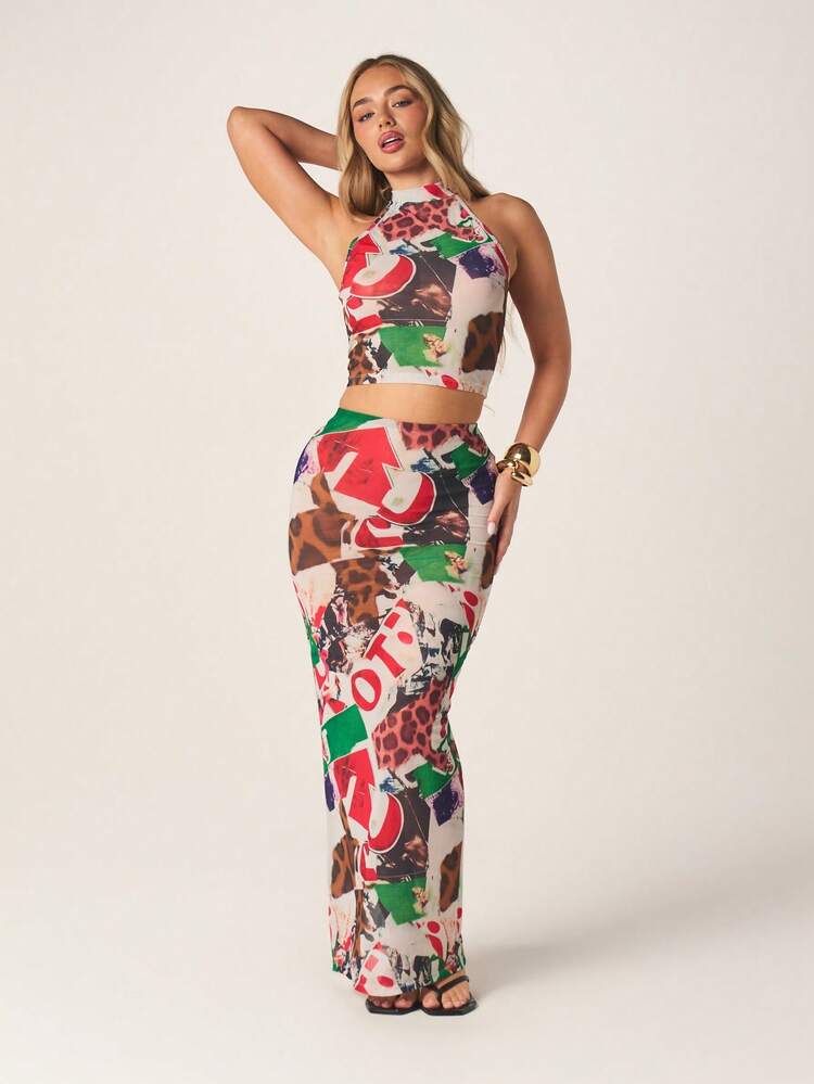MISSGUIDED Women Multi Color Printed High Neck Cami Top And Maxi Skirt Two Piece Set Abstract Print Crop Top Sleeveless Tank Bodycon Long Skirt Outfit