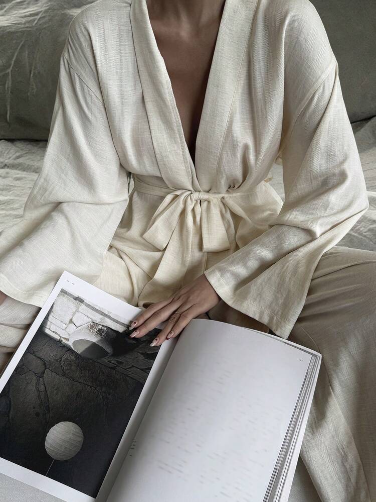 Minimalist Solid Color Robe And Pajama Set, Wabi-Sabi Style Loungewear For Women