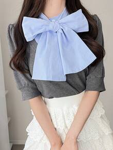 FRIFUL 女士圆领花瓣袖蝴蝶结拼接撞色短袖甜美T恤 - 藍色 - 查看 4