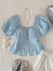 Comfortcana 女士格子心形领插肩袖休闲衬衫 - 白色 - 查看 5