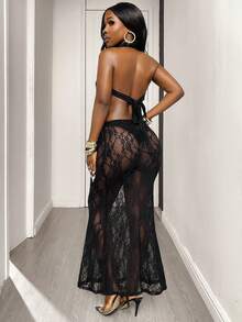 Glyssa Women's New Lace Halter Neck Crop Top And Skirt Set, Sexy Sheer Romantic Allure, Black 2-Piece - Black - View 2