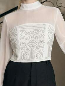 Anewsta Áo kiểu lưới đính cườm tinh tế - trắng - Xem 4