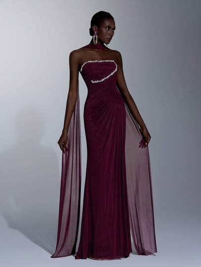Elitara Elegante vestido rojo vino de malla minimalista y de alta elasticidad sin tirantes con decoración de perlas y diamantes en la cintura, falda de línea A fruncida con cola de pez desmontable, adecuado para citas, fiestas de solteros, bodas y eventos formales