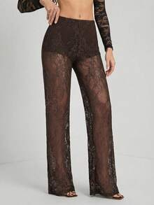SHEIN Tall Women's Solid Color Lace Sheer Long Pants - Brown - View 7
