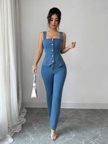 Elenzga 女士休闲牛仔套装，单排扣不对称下摆上衣搭配长裤，适合日常穿着 - 藍色 - 查看 4