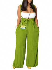 Plus Size Women's Solid Grass Green Front Tie Pockets Wide Leg Jumpsuit - Green - View 4