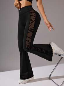 SHEIN Velisys FY3021 Black Mesh Patchwork Flare Leg Sports Pants Set - Black - View 3