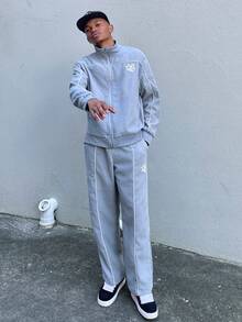 Ngobest Haus Ngobest Haus Men's Minimalist Print Long Sleeve Jacket And Pants Set Men Tracksuit Set Men Jogger Set 2 Pieces Set Men, Contrast Design, Fall Clothes - Light Grey - View 5