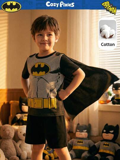 BATMAN X Cozy Pixies 3pcs/Set Young Boy Hero Pattern Contrast Color Knit Soft Round Neck Short Sleeve Top, Elastic Waist Shorts, Shawl Character Clothes For Kids Kids Sets For Boys Pajama Short Sets For Boys Boys Pj Summer Set