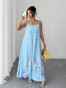 Elenzga 大码女式夏季吊带沙滩裙，波西米亚复古印花多层飘逸沙滩度假旅行摄影连衣裙 - 藍色 - 查看 3