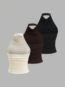 Sweetra New European And American Sexy Backless Romantic Plunging Neckline Textured Design Fitted Slim 3 Pieces Set , Casual Daily Wear, Date, Commute, Versatile For Women - Multicolor - View 2