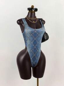 SaltGleam SaltGleam Women's Fashion Street Style Faux Denim Print Square Neck Thick Strap Backless Bodysuit Y2k Tankini Western Bathing Suit Rhinestone Swimsuit Western Swimsuits Denim Swimsuit - Blue - View 4