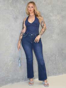 Arliah 百搭深 V 领金属紧身衣，适合春、夏、秋、冬 - 藏蓝色 - 查看 4