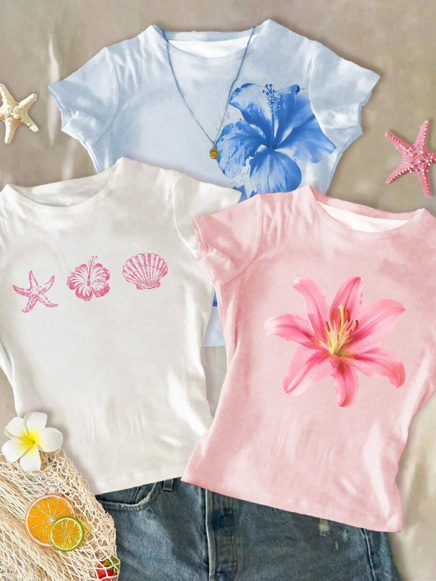 SHEIN 3 件套青少年女孩休闲热带花卉、贝壳和海星印花紧身圆领短袖短款下摆 T 恤,白色、浅粉色、浅蓝色,适合夏季 - 彩色 - 查看 1