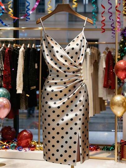 Franclia Fashionable V-Neck Ruffle Trim Button Decor Printed Waist Fitted Sexy Commuter Cocktail Party Slip Dress For Women Polka Dot Dress Wrap Dress Silk Dress Spaghetti Strap Dress Polkadot Dress Polka Dot Dress Women Cocktail Dress Elegant Dress Women Gold Dress Women