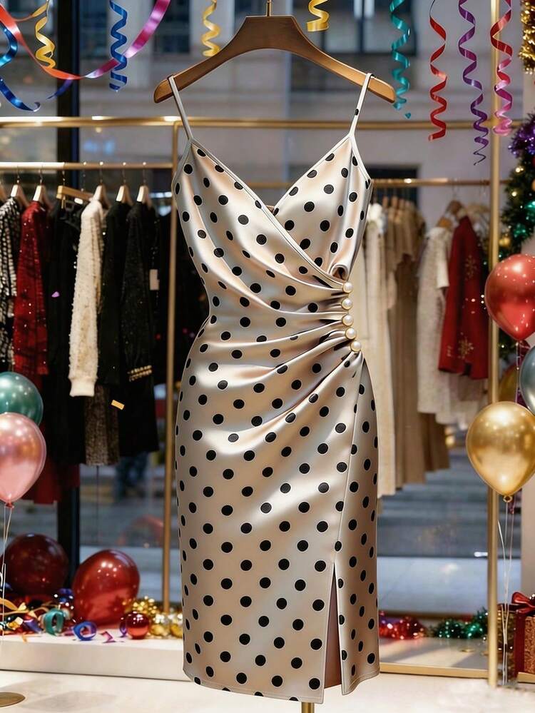 Franclia Vestido ajustado con escote en V, adorno de volantes, botones, estampado en la cintura, sexy, para ir a trabajar o fiestas, vestido de lunares, vestido envolvente, vestido de seda, vestido de tirantes, vestido de lunares para mujer, vestido de cóctel elegante, vestido dorado para mujer, vestidos de lunares para mujer, vestido elegante para mujer, vestido de fiesta para mujer, vestidos para mujer, vestido envolvente clásico para invitada de boda, vestidos envolventes para damas, vestido formal para mujer - Albaricoque - Añade 1