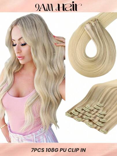 Seamless Clip Ins 100% Real Human Hair 7PCS Seamless PU Clip In Human Hair Extensions Straight 14-22 Inch Ash Blonde To Blonde & Platinum Color Skin Weft Remy Hair Extensions 110G With Clip