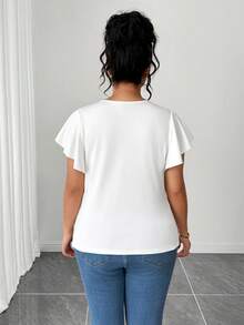 Elenzga Plus Size White Summer Elegant Formal Women's Blouses,European Style V-Neck Button Decorated Pleated Short Ruffle Sleeve Slim Fit Peplum Party Tops - White - View 2