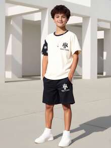 Vacaura 2pcs/Set Boys' Casual Contrast Color Patchwork Asymmetrical T-Shirt Set, Front Graphic Decor, Fashion Minimalist Design Suitable For Daily, Commute, Leisure, Sports - Multicolor - View 10