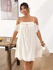 Lounesse Vestido de hombros descubiertos talla grande para mujer, vestido versátil y romántico para vacaciones, vestido blanco de verano para mujer, vestido de playa, vestido de resort para mujer, vestido bohemio para mujer - Beis - Ver 8