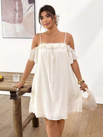 Lounesse Vestido de hombros descubiertos talla grande para mujer, vestido versátil y romántico para vacaciones, vestido blanco