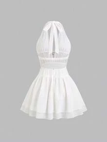 Sweetra New Spring/Summer Women's Stylish High Street Retro Sexy Slim Fit Patchwork Shell Ruffle Hem Casual Comfortable White Dress - White - View 2