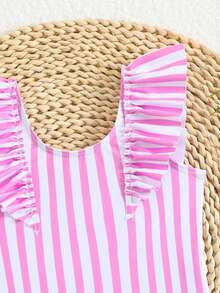 SHEIN 女婴条纹印花连体泳衣，荷叶边装饰，休闲修身款，度假必备可爱单品 - 彩色 - 查看 6