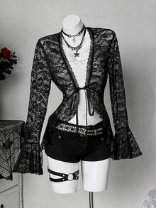 Sunspun 大码女士性感蕾丝边V领系带喇叭袖衬衫，春夏款 - 黑色 - 查看 7