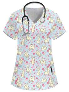 PopScrub 蓝色V领短袖双口袋可爱兔子图案，花卉蝴蝶结卡通印花设计护士医生工作服上衣，纯色宠物美容营养师实验服，多功能多口袋工作服，女士假日休闲装，女士衬衫，夏季女士上衣，复活节女士上衣，可爱 - 藍色 - 查看 1