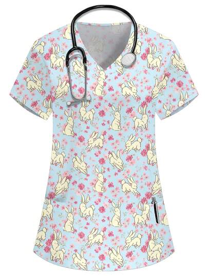 PopScrub Blue V-Neck Short Sleeve Double Pocket Cute Rabbit, Floral Bow Cartoon Print Design Nurse Doctor Work Uniform Top, Solid Color Pet Grooming Nutritionist Lab Coat, Functional Multi-Pocket Work Wear, Functional Women's Holiday Outfit, Ladies Blouse, Summer Ladies Top, Easter Ladies Top, Adorable