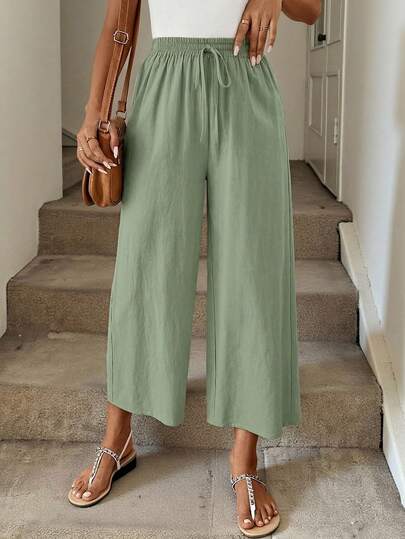SHEIN LUNE Autumn Casual Cotton Linen Cropped Pants, Grey Green Color, Back To School/Teacher Work Pants For Women Wide Leg Capri Pants Women Summer Pants Wide Leg Summer Pants Women Wide Leg Pants