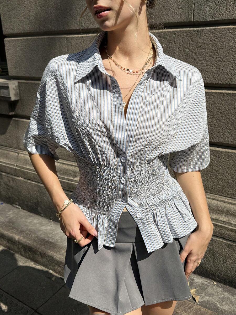 MainGRL Blue & Brown Vertical Striped Fitted Blouse For Women - Blue - View 1