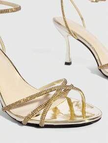 CUCCOO SZL 女士经典简约闪亮水钻细高跟凉鞋交叉绑带设计宴会派对舞蹈性感时尚晚宴通勤女鞋 - 金色 - 查看 9