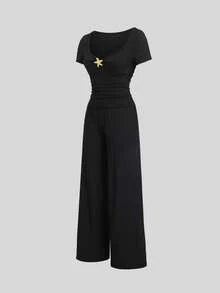 Sweetra Women's Metal Starfish Decor Short Sleeve T-Shirt And Pants Casual 2 Pieces Set, Spring/Summer - Black - View 8