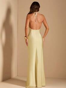 SHEIN BAE Spring & Summer Wedding Guest Dress, Pure Yellow Satin Deep V-Neck, Waist Lace Semi-Sheer Mermaid Dress, Suitable For Party, Vacation, Banquet, Wedding, Night Out, Romantic Date - Light Yellow - View 2