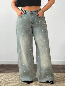 SHEIN Women Plus Size Rhinestone Embroidered Wide Leg Washed Detail Jeans - Grey - View 10