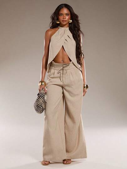 Normani Spring Summer Concert Outfits For Women Going Out Outfits Casual 2000s Y2k 90S Club Vintage Rave Outfits Festival Old Money Streetwear Easter St Patrick's Day Women Party Beach Wedding  Going Out Graduation Elegant Vacation Casual Festival Formal Halter Neck Texture Loose Casual Holiday Pants Suit