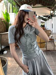 DAZY 女式韩版连帽纯色褶皱蝴蝶结抽绳短袖上衣和长裤两件套夏季 - 灰色 - 查看 7