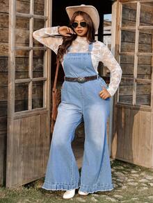SHEIN LUNE Plus Size Faded Denim Bib Overalls - Medium Wash - View 3