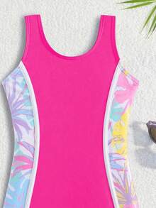 Sparklyn 新款时尚少女印花拼接连体泳衣 - 玫紅色 - 查看 4