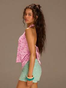 Athîral 女士休闲度假垂褶领露背镂空亮片针织粉色闪亮上衣 - 粉色 - 查看 5