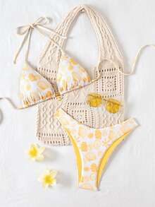 Swim Mod Bộ 2 món đồ bơi mùa hè in họa tiết ngẫu nhiên vỏ sò vàng, áo bikini buộc dây cổ và quần bikini cạp cao, đồ bơi gợi cảm cho nữ, bộ bikini móc len cho nữ, đồ bơi che phủ toàn thân, trang phục đi biển, đồ bơi màu vàng cho nữ, đồ bơi màu vàng cho nữ, bộ hai mảnh màu vàng, bộ bikini quần và áo, bộ hai mảnh màu vàng, đồ bơi hai mảnh màu vàng, quần áo màu vàng, bộ bikini, đồ bơi in họa tiết vỏ sò. - Màu vàng - Xem 1