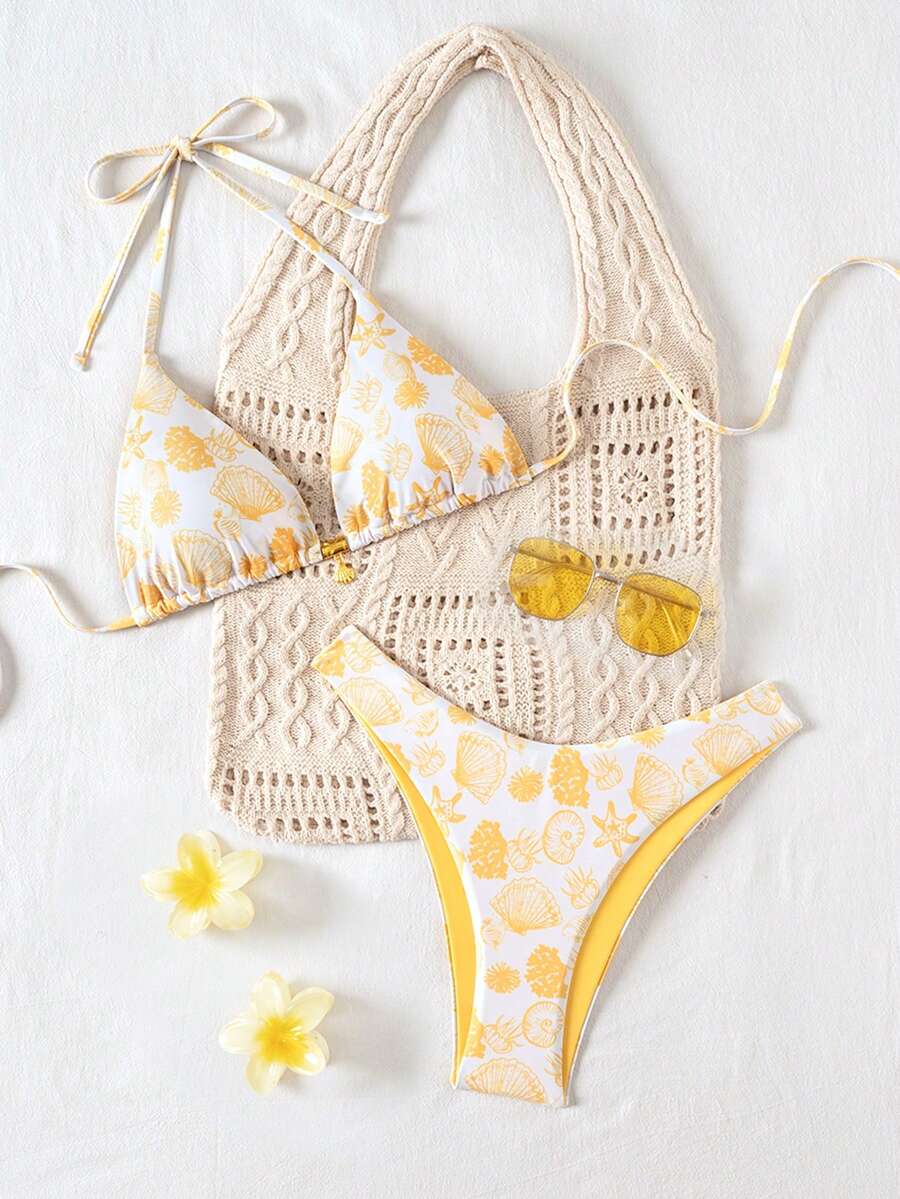 Swim Mod Bộ 2 món đồ bơi mùa hè in họa tiết ngẫu nhiên vỏ sò vàng, áo bikini buộc dây cổ và quần bikini cạp cao, đồ bơi gợi cảm cho nữ, bộ bikini móc len cho nữ, đồ bơi che phủ toàn thân, trang phục đi biển, đồ bơi màu vàng cho nữ, đồ bơi màu vàng cho nữ, bộ hai mảnh màu vàng, bộ bikini quần và áo, bộ hai mảnh màu vàng, đồ bơi hai mảnh màu vàng, quần áo màu vàng, bộ bikini, đồ bơi in họa tiết vỏ sò. - Màu vàng - Xem 1