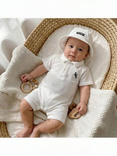 Loomiva Newborn Baby Girl 2pcs Knitted Soft Collar Short Sleeve Romper And Hat Set