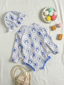 女婴连体长袖泳衣，带拉链、可爱蝴蝶结和碎花印花，附赠帽子，适合海滩、度假和夏季穿着。 - 彩色 - 查看 2