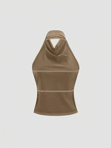 Sweetra High Neck Halter Elegant Basic Tank Top With Elastic Adjustable Crisscross Back - Khaki - View 2