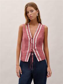 Nöista 女士V领亮片系带休闲百搭日常上衣 - 珊瑚粉 - 查看 1